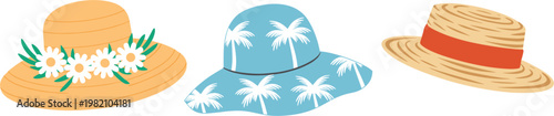 Summer straw hats set, beach sun hats collection, tropical fashion accessories vector illustration