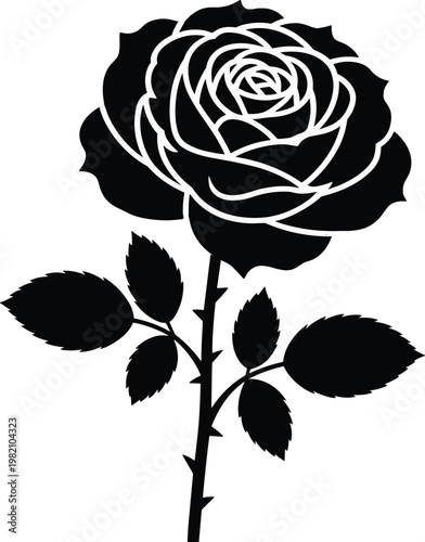Silhouette of a black rose with leaves and thorny stem vector illustration