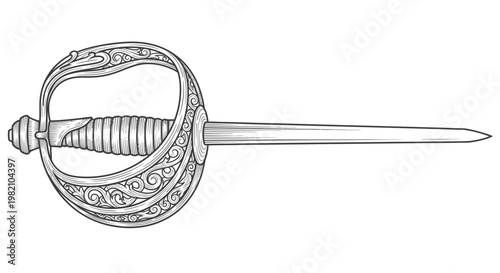 Detailed fencing rapier sword hilt, historical weapon, isolated white background.