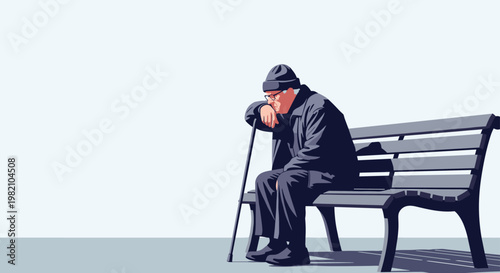 Lonely elderly man wearing a hat and glasses sits on a park bench, leaning on his cane and looking down thoughtfully.