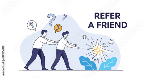 Referral program illustration with two men, question marks, and a starburst representing a new discovery or referral reward.