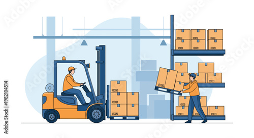 Professional warehouse worker operates an orange forklift to transport boxes on wooden pallets near a tall storage rack.