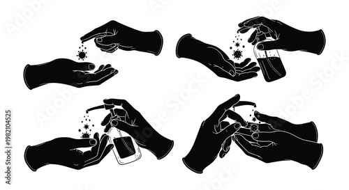 Hands dispensing hand sanitizer a public health illustration