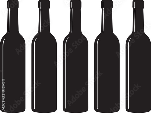 Isolated black and white wine bottle vector set featuring blank glass bottles for winery product labels and bar beverage branding