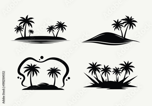 Four stylized illustrations of tropical islands with palm trees and varying landscapes