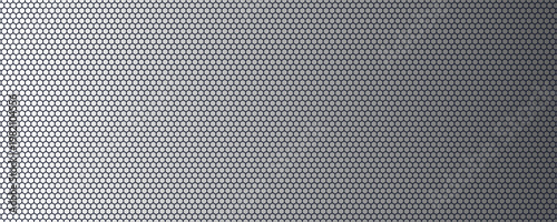 Dark grey abstract wide horizontal banner with hexagon carbon fiber grid and orange luminous lines. Technology vector background with orange neon lines