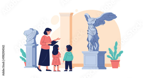 Female museum guide explains a collection of ancient winged statues and artifacts to two young children in a classic gallery.