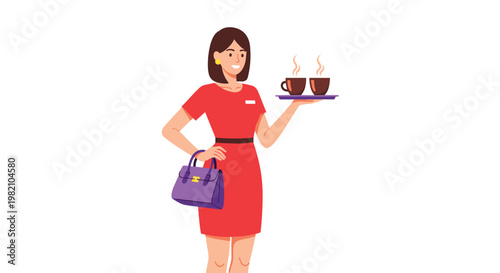 Professional waitress wearing a red dress and purple handbag carries a tray with two steaming cups of coffee and smiles.