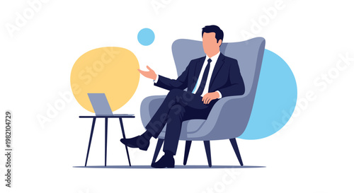 Professional businessman in a dark suit sitting in a modern armchair while gesturing during a video conference.