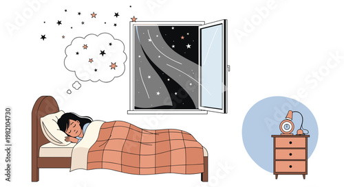Young girl sleeping peacefully in her bed at night while dreaming of stars near an open window under the moonlight.