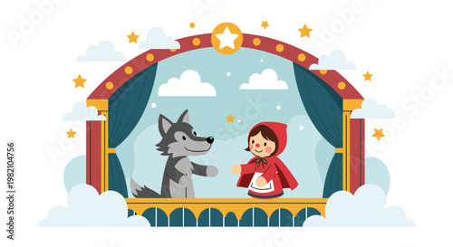 Puppet theater stage design featuring characters from the classic Little Red Riding Hood fairy tale with a wolf.