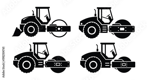 Four black silhouette icons depicting different types of road rollers