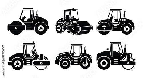 Four black silhouette icons depicting different types of road rollers