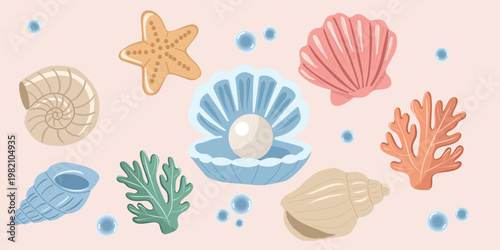 Flat illustration of seashells, starfish, coral and pearl with soft pastel colors. Ocean-inspired composition with marine elements and bubbles.