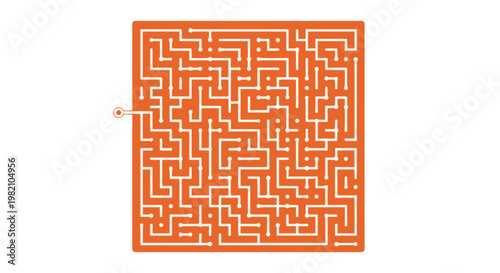 Orange maze with a small red dot indicating the start point on a white background, conceptual image for challenge and solution