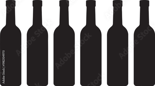 Isolated black and white vector illustration of blank wine bottles for red or white alcohol beverages featuring glass reflections and labels for winery or bar branding