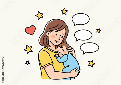 A mother holding her baby with joyful and caring expressions around her