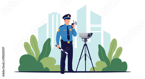Police officer in uniform standing on a city street next to a surveillance camera while using a walkie talkie radio.
