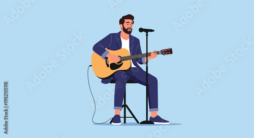 Talented male musician sitting on a stool while playing acoustic guitar and singing into a microphone on a blue stage.