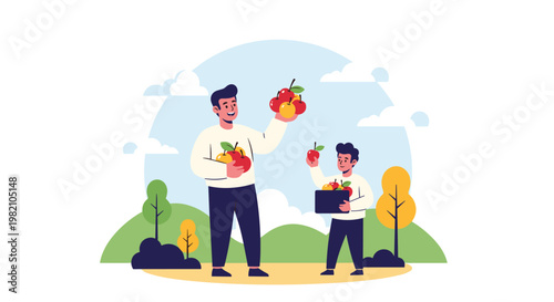Father and son enjoying a sunny day together picking fresh red and yellow apples in a rural orchard environment.