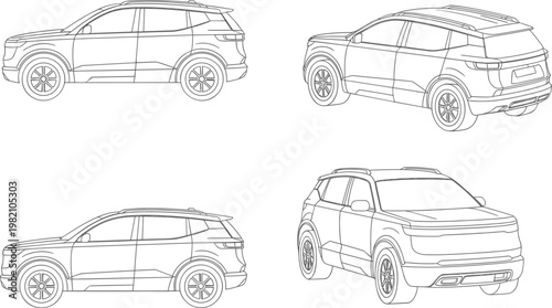 SUV car outline set, side and perspective views, detailed vehicle line art vector illustration