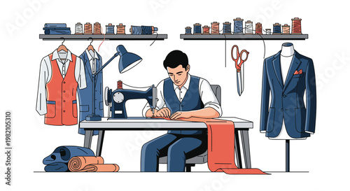 Dedicated male tailor working at a sewing machine in his professional clothing workshop with fabrics and blue suits.