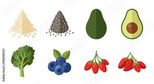 Nutrient Variety: A vibrant illustration showcases a selection of superfoods, each brimming with essential nutrients and representing a healthy lifestyle. 