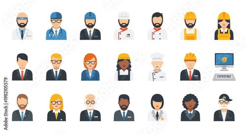 Diverse Professional Icons: A collection of various professional icons, representing diverse careers and roles across different industries and sectors.