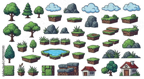 Cartoon game environment assets, 2D platformer level design elements, nature landscape building kit with trees, rocks, and grass tiles vector isolated PNG with Transparent Background