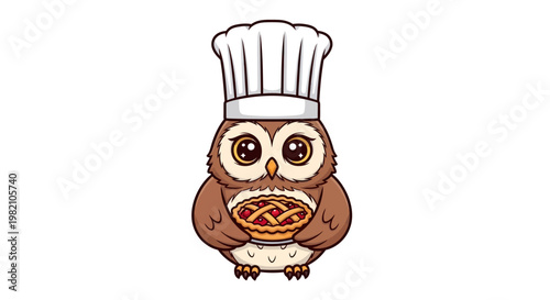 A cute 3D cartoon owl character wearing a chef hat and uniform works in a gourmet restaurant kitchen as a baker vector illustration icon for a bakery menu isolated on a white background