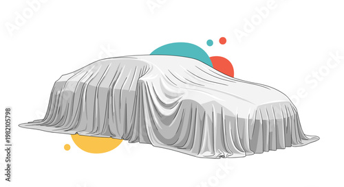 Concept of a new car reveal with a vehicle completely hidden under a draped white silk cloth on abstract background.