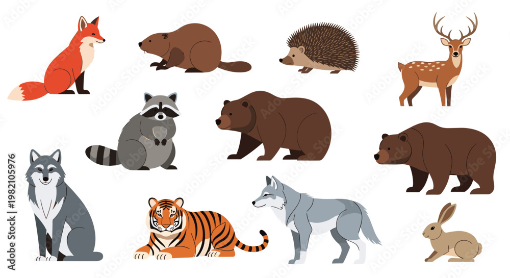 Obraz premium Diverse collection of forest animals including a fox, beaver, hedgehog, deer, raccoon, bears, wolf, tiger, and rabbit.
