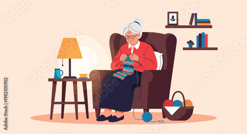 Gentle grandmother sitting in her favorite armchair and knitting while enjoying a peaceful afternoon at her home.