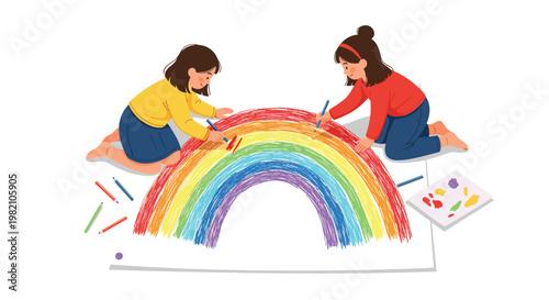 Two young girls sitting on the floor and creatively drawing a large colorful rainbow on a big sheet of white paper.