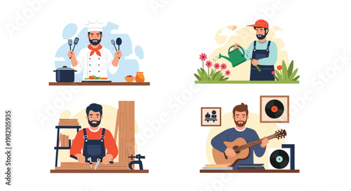 Set of four illustrations showing men engaged in different hobbies including cooking, gardening, carpentry, and music.