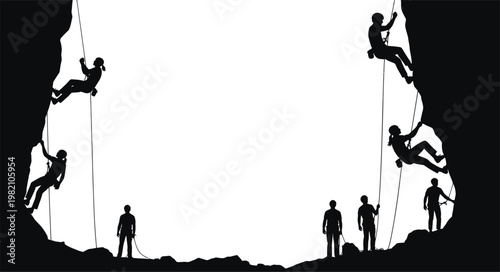 Dramatic silhouette of rock climbers and figures below in a cave entrance