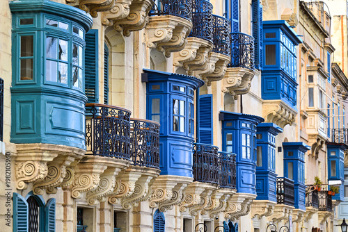 House with Blue Traditional Maltese Wooden Balconies in Valletta, Malta