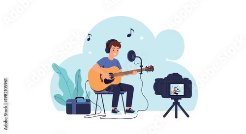 Content creator playing acoustic guitar while recording a video for his channel with a modern camera and microphone.