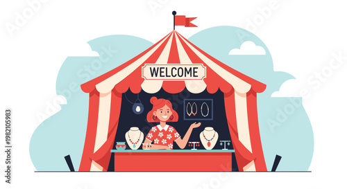 Smiling woman selling handmade jewelry in a red and white striped tent at a festive outdoor fair or market place.