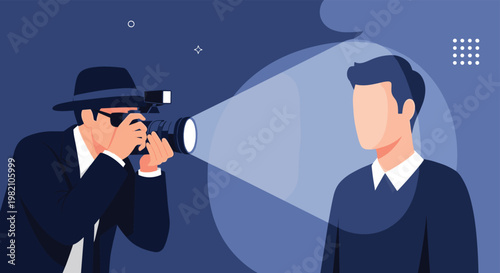 Professional photographer taking a portrait of a male subject under a bright studio spotlight at a night shoot.