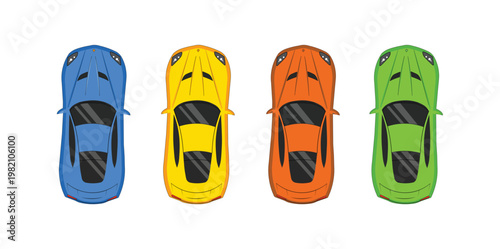 Colorful Sports Cars Top View Set – Modern Supercar Collection Flat Vector Isolated on White Background
