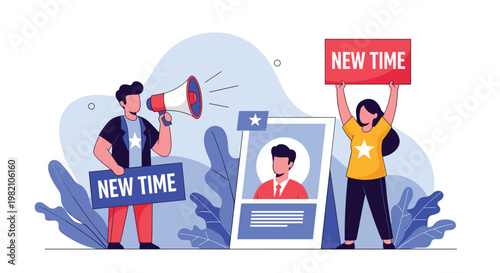 Enthusiastic activists hold signs and use a megaphone to promote a new candidate during a political campaign rally or public demonstration.