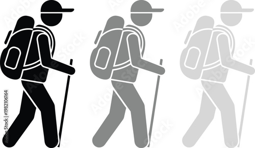 Hiking silhouette progression a black and white illustration of a trekker with backpack and poles