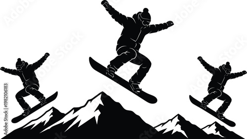 Dynamic snowboarders in silhouette a thrilling winter sports scene against mountain peaks