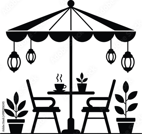 Outdoor cafe seating area with a table chairs umbrella potted plants hanging lanterns umbrella lanterns restaurant relaxation illustration silhouette