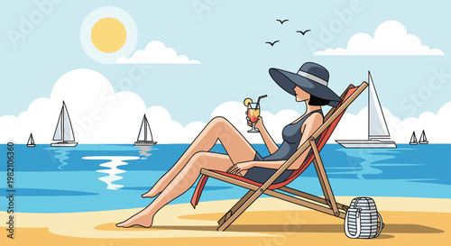 Elegant woman relaxes in a lounge chair on a sandy beach while sipping a cocktail and watching sailboats on the calm ocean.