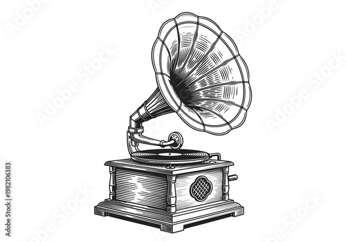 Vintage gramophone with large horn and intricate design details.