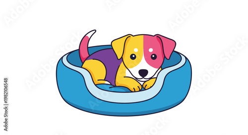 Cute small puppy with a unique multicolored coat relaxes comfortably inside a soft blue pet bed while looking at the camera.