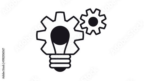 Minimalist black vector icon illustration of a light bulb combined with a gear and a secondary cogwheel, representing innovation, creative engineering, technical ideas, and industrial process.