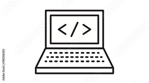 Minimalist black line art vector icon of a laptop computer with coding symbols on the screen, representing software development, web programming, computer science, and digital technology.